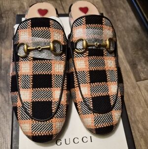 Gucci Horsebit Accent Tweed Mules - Black & Pink